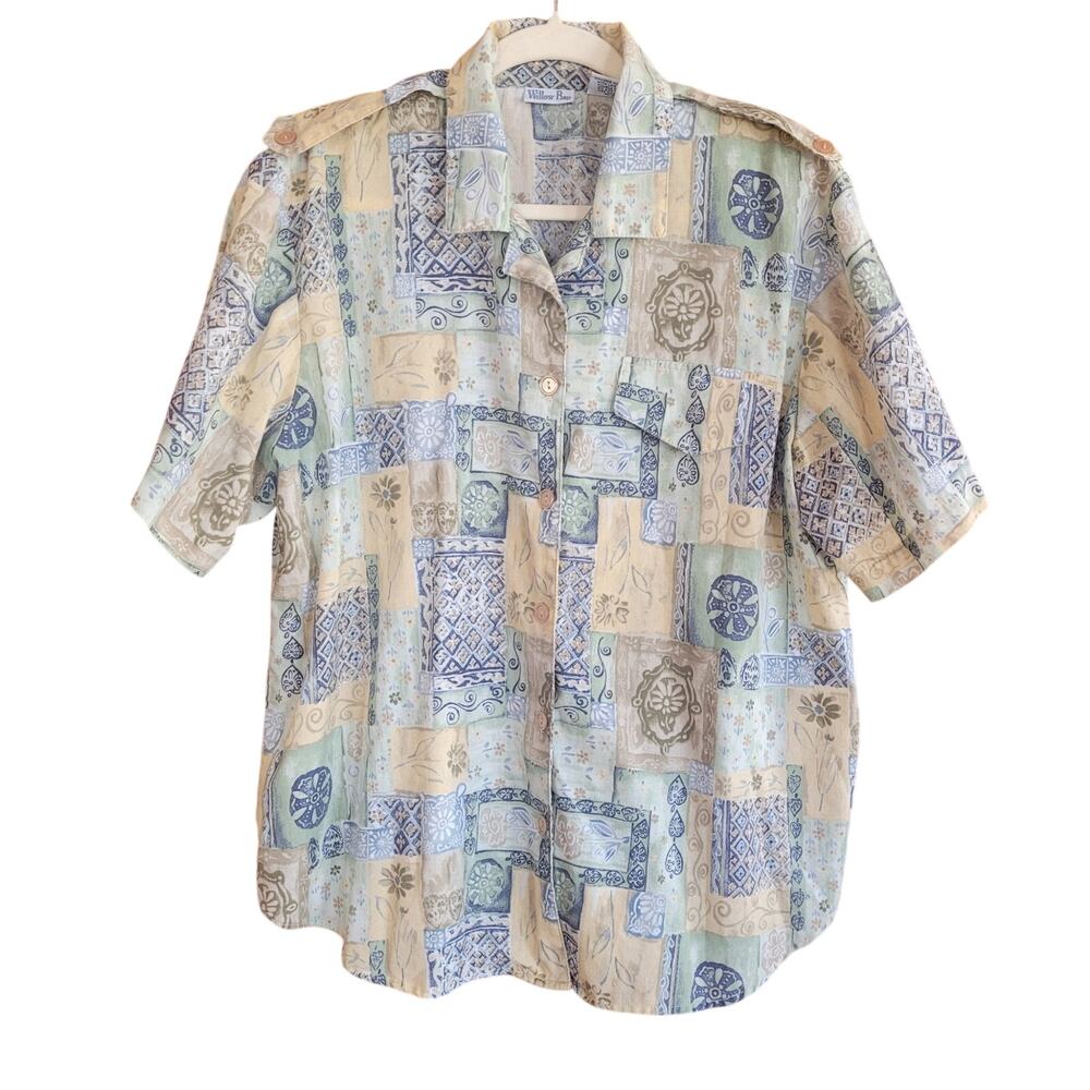 Willow Bay Patchwork Print Shirt Cotton Made USA Short Sleeve Coastal Grandma